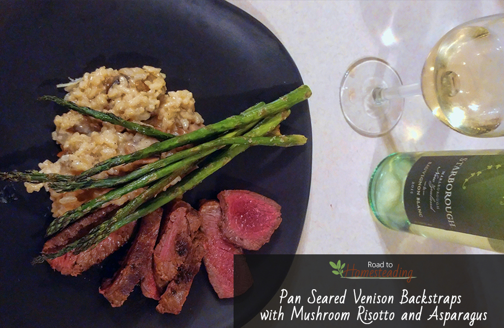 Pan Seared Venison Backstraps with Mushroom Risotto and Asparagus